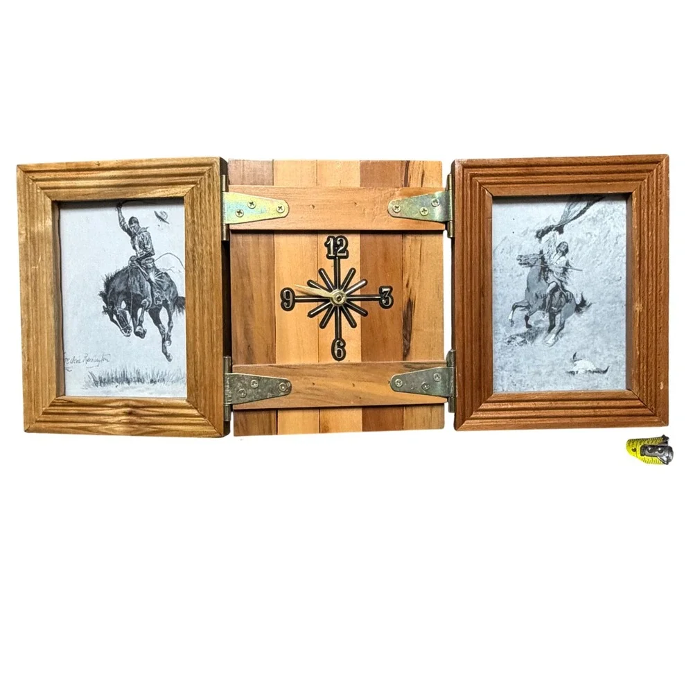 Vintage Rustic Wood Frederic Remington Western Triptych Desk Clock Picture Frame